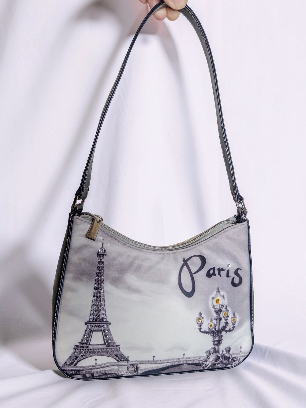 Y2K Paris Eiffel Tower Rhinestone Graphic Baguette Shoulder Bag